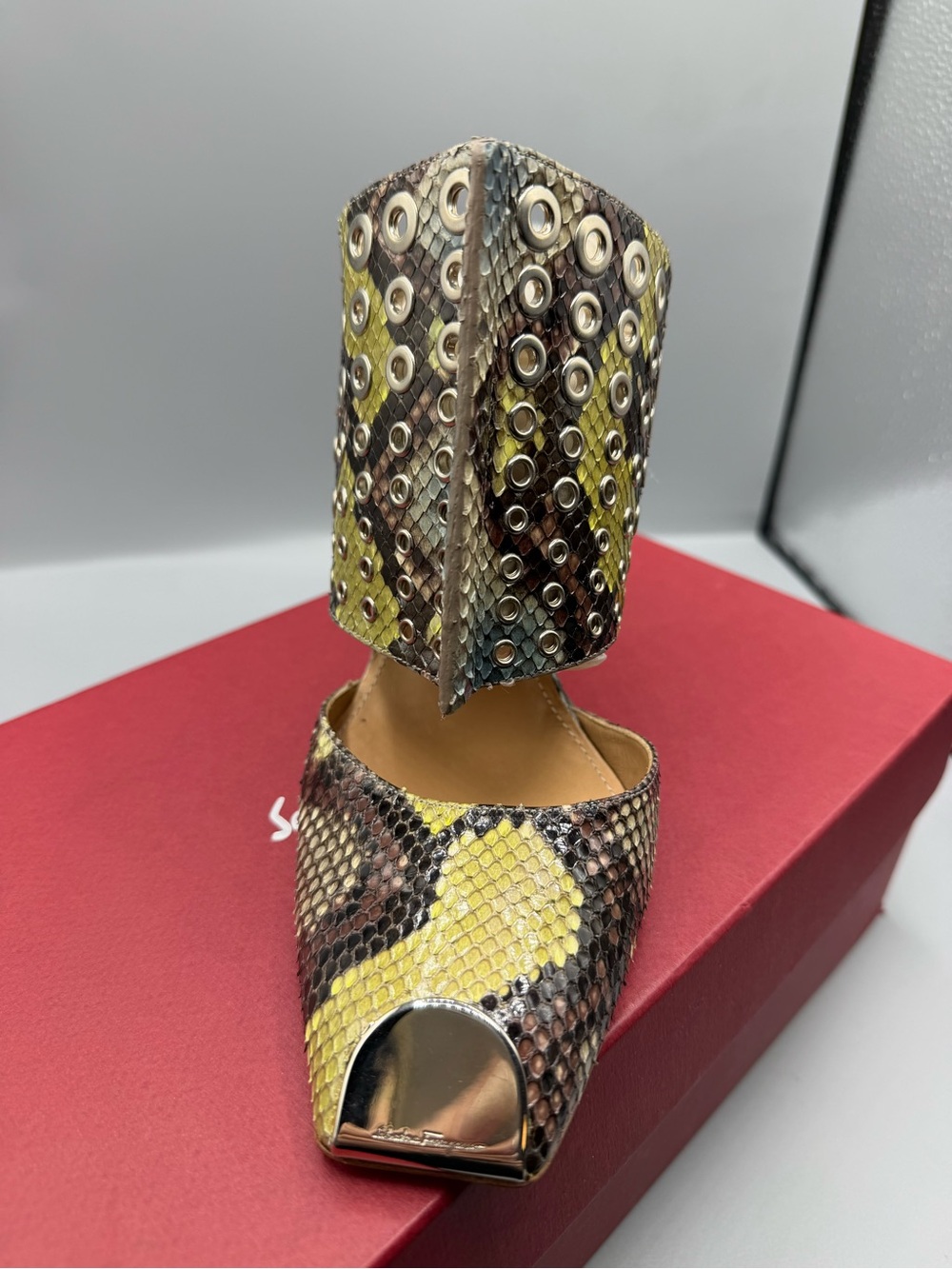 Salvatore Ferragamo Yellow Snake-Skin Studded Pointed Toe Mule - Picture 3 of 4